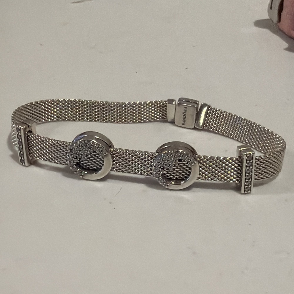 Authentic Pandora 7" Relexions Sterling Silver Mesh Bracelet With 4 Pave Charms